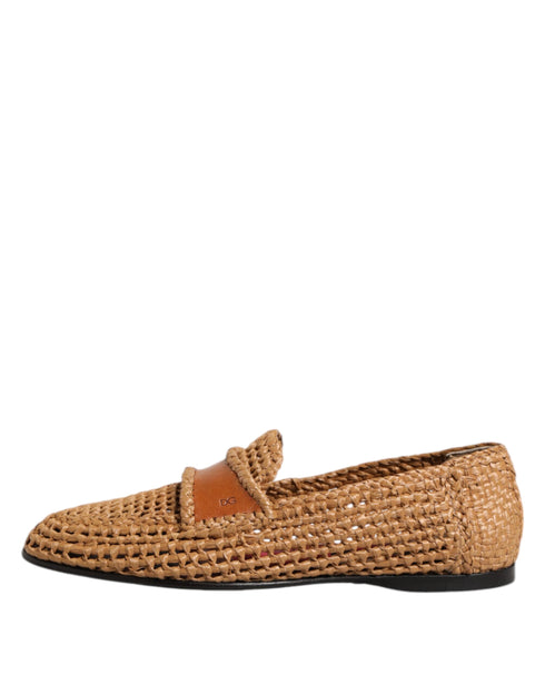 Dolce & Gabbana Brown Woven Raffia Slip On Loafers Shoes